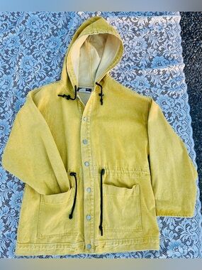 Vintage Corniche Yellow Hooded Denim Jacket Oversized Utility Chore Coat Size S